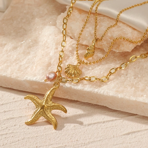 Layered Necklace Stainless Steel Starfish Shell Pendant Faux Artificial Pearl Ocean Theme Retro Niche Design Jewelry For Women