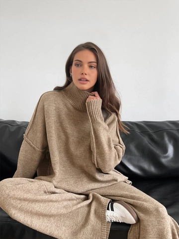 Women Knitted Loungewear Turtleneck Drop Shoulder Loose Sweater And Wide Leg Pants Solid Color Casual Home Wear Elegant