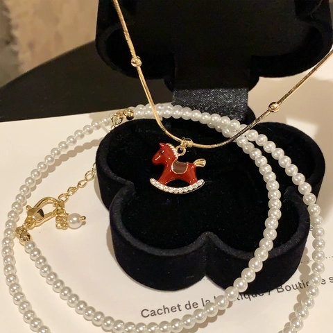 Double Layer Necklace Faux Artificial Pearl Gold Plated Chain Red Enamel Rocking Horse Pendant Rhinestone Retro Elegant For Women
