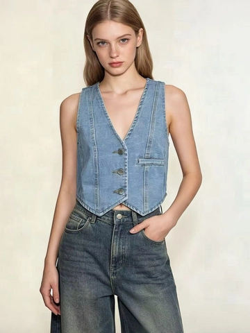 Veste En Jean Femme Sans Manches Col En V Court Gilet En Coton Style Vintage Décontracté Poches Boutonné