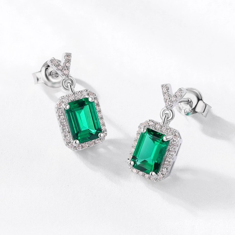 925 Sterlingsilber Smaragd Zirkonia Ohrstecker Eleganter Geometrischer Halo-Schmuck Für Damen Hochzeit Party Geschenk