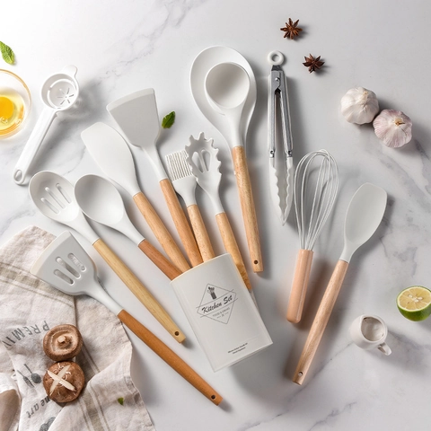 Silicone Kitchen Utensils With Wood Handles Heat Resistant Non-stick Cooking Tools And Storage Bucket