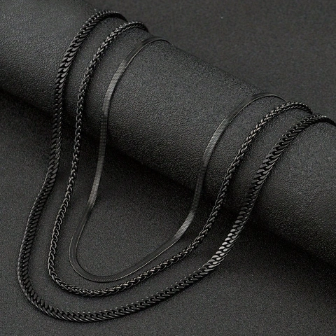 Black Stainless Steel Necklace Franco Chain Cuban Link Snake Wheat Hip Hop Layered Jewelry For Men And Women