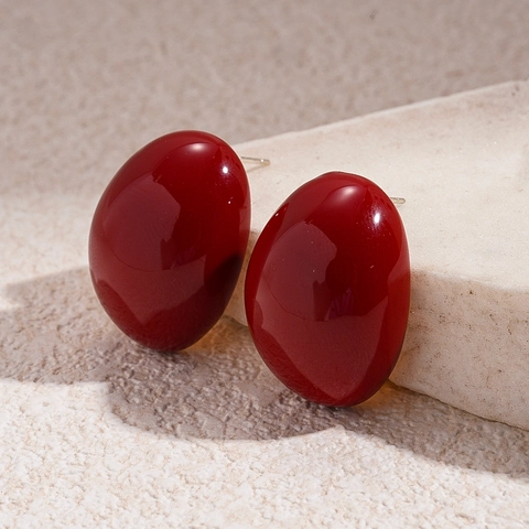 Retro Oval Geometric Enamel Stud Earrings With 925 Sterling Silver Earring Post Glossy Dark Red For Women Minimalist
