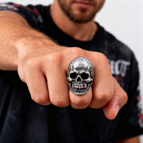 Retro Skull Ring Stainless Steel Vintage Punk Gothic Biker Style Distressed Silver Color Men Jewelry