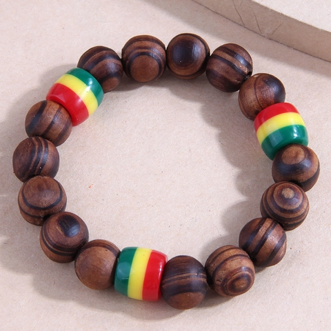 Wood Beaded Bracelet Ethnic Rasta Style Natural Brown With Red Yellow Green Accents Unisex Vintage Jewelry