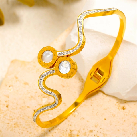 Brazalete de Onda de Acero de Titanio de Moda Con Números Romanos Diamantes de Imitación Incrustación de Perla Artificial Oro Color Acero Brazalete para Mujeres Joyería