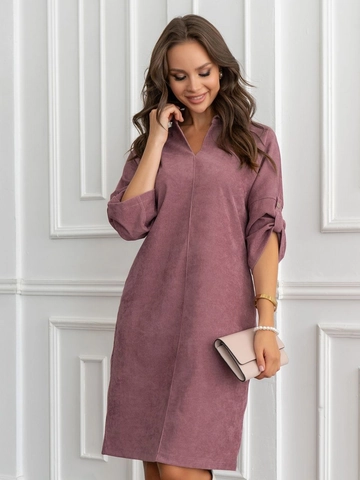 Corduroy Midi Dress Women V Neck Lapel Roll Up Sleeve Elegant Solid Color Casual Loose Fit A Line Pocket