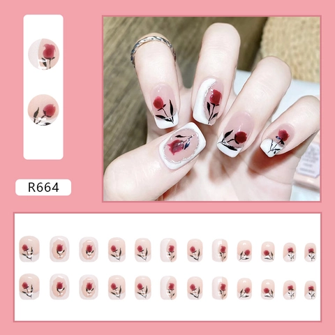 Press On Nails French Style Red Rose Pattern Milky White Pink Gradient Elegant Retro Square Fake Nails For Women