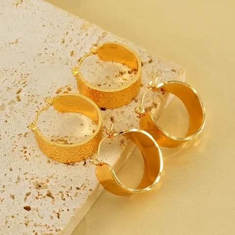 Hoop Ohrringe Für Frauen 18K Vergoldet Edelstahl Hammerschlag Textur Große Runde Geometrische Mode Schmuck