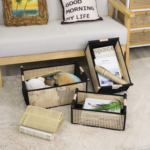 Foldable Woven Storage Basket Rectangular Bamboo Fabric Organizer Bin With Wood Handles Minimalist Home Sundries Box