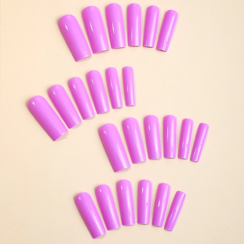 Purple Glossy Long Coffin Press On Nails Artificial False Fingernails With Jelly Glue Sticker And Nail File For Women