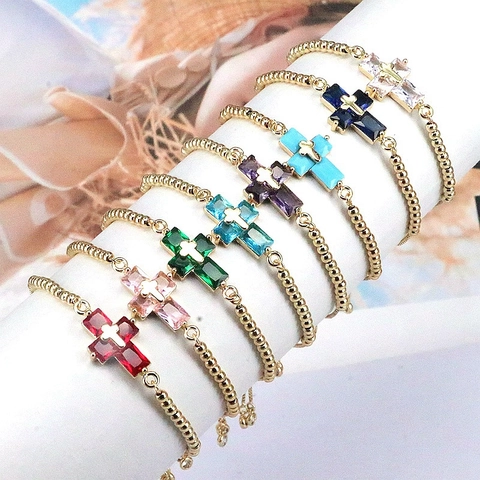 Bracciale Con Ciondolo A Croce Di Moda Zirconia Cubica Colorata Rame Placcato Oro Perline Bolo Cursore Regolabile Donne