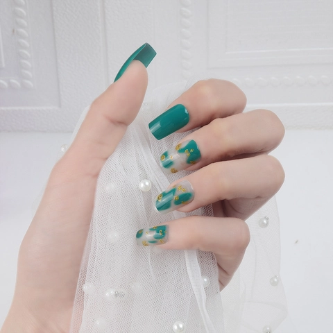 Dark Green Press On Nails Square Shape Marble Pattern Gold Foil Elegant Glossy False Nails For Women