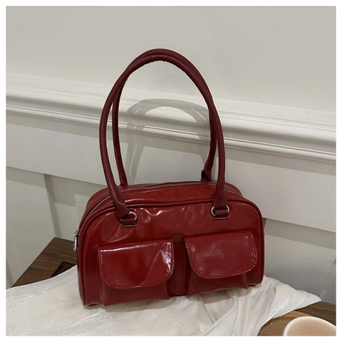 Women Underarm Bag Glossy PU Leather Double Front Pockets Retro Chic Commuter Shoulder Handbag Vintage
