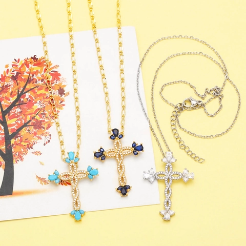Collana Con Pendente A Croce Ottone Placcato Oro Zirconia Cubica Colorata Gioielli Di Moda Religiosa Per Donna