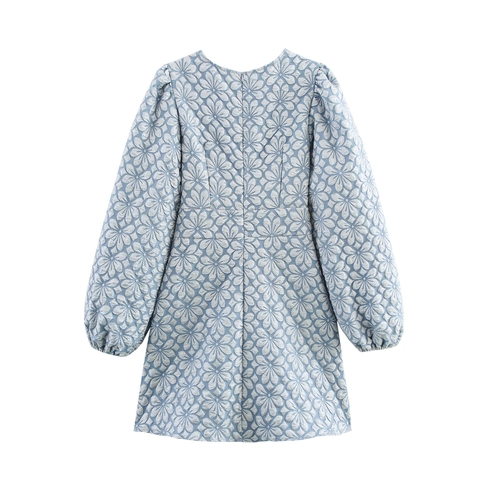 Women Elegant Jacquard V-Neck Mini Dress Lantern Long Sleeve High Waist Floral Pattern Polyester Vintage
