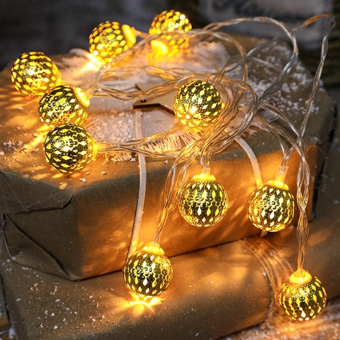 Weihnachts LED Lichterkette Goldene Metall Hohlsterne Schneeflocken Baum Kugel Warmweiß Fee Lichter Dekoration
