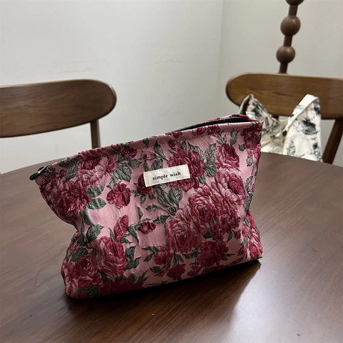 Trousse Per Trucco In Jacquard Floreale Vintage Pochette Organizer Per Cosmetici Con Motivo A Rose Per Donna