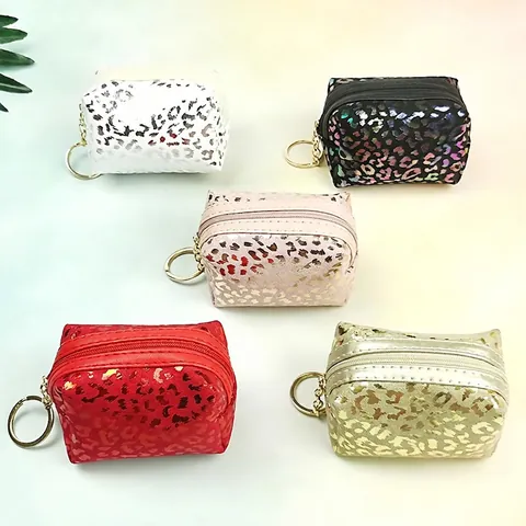 Mini Metallic PU Leather Octagonal Coin Purse Keychain Pouch Bronzing Leopard Print Zipper Closure Portable For Women
