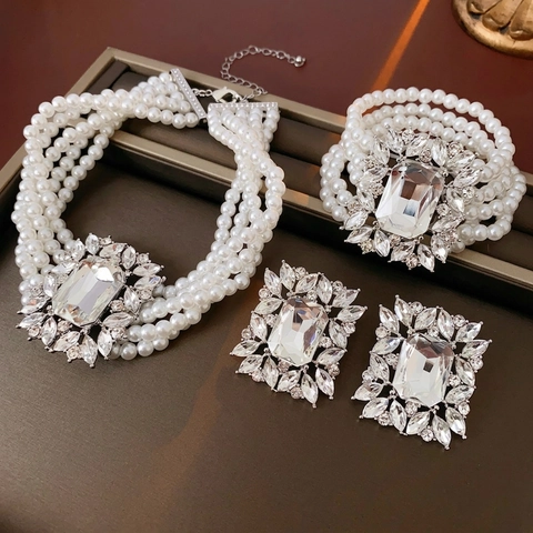Multi-Layer Faux Artificial Pearl Necklace Bracelet Earrings Set With Rectangle Crystal Alloy Rhinestone And Silver Earring Post