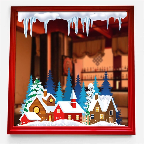 Christmas Window Stickers Static Cling PVC Winter Snow House Pine Tree Icicle Double Sided Glass Decals Festive Decor