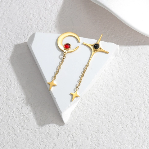 Asymmetrische Stern Mond Quasten Ohrringe 304 Edelstahl Vergoldet Lange Kette Rote Schwarze Perlen Elegant Damen