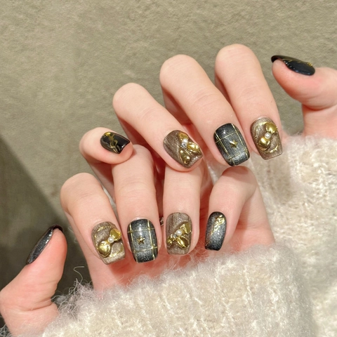 Handmade Press On Nails Black Brown Cat Eye Star Retro Luxury Faux Pearl Heart Decor Reusable False Nails For Women