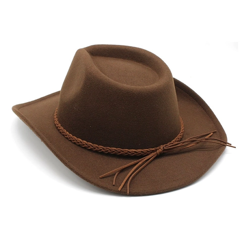 Western Cowboy Hat Wide Brim Cotton Polyester Blend Braided Belt Tassels Windproof Rope Vintage Retro Style
