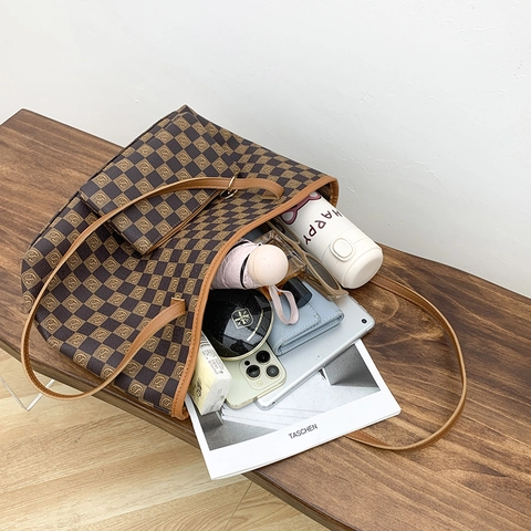 Borsa Tote Da Donna In Pelle PU A Scacchi Vintage Con Pochette Coordinata Borsa A Mano Grande Capacità Spalla