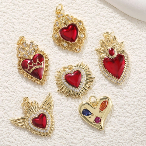 Heart Charms Copper Gold Plated Red Zircon Enamel Sacred Heart Crown Wings For DIY Jewelry Making Crafts