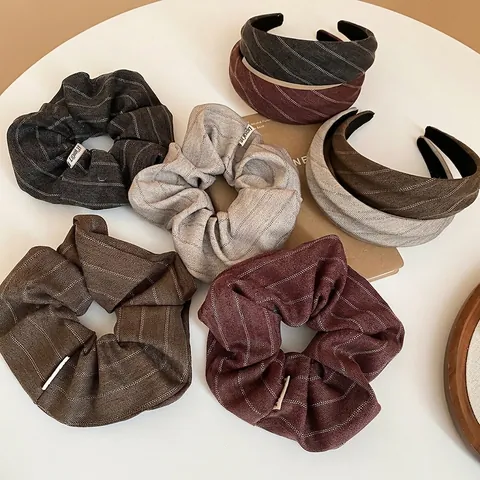 Vintage Fischgrätenmuster Stoff Stirnband Und Gestreifte Haargummi Scrunchie Für Damen Elegante Winter Accessoires