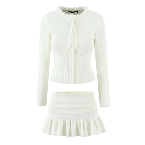 Cardigan In Maglia Da Donna E Minigonna A Costine A Maniche Lunghe Colletto Con Volant Fiocco Bottone Perla Artificial Completi Eleganti