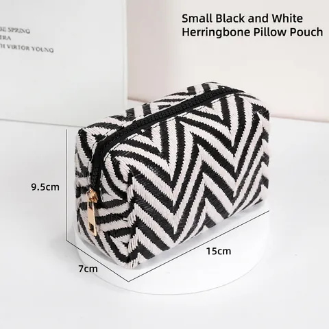 Woven PP Cotton Makeup Bag Black White Stripe Herringbone Pattern Portable Mini Cosmetic Organizer With Gold Metal Zipper
