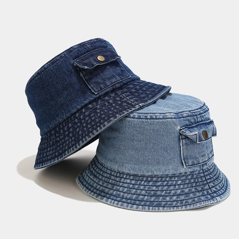 Cappello Alla Pescatora In Denim Lavato Con Tasca Laterale Bottone In Metallo Cotone Protezione Solare Casual Esterno Unisex