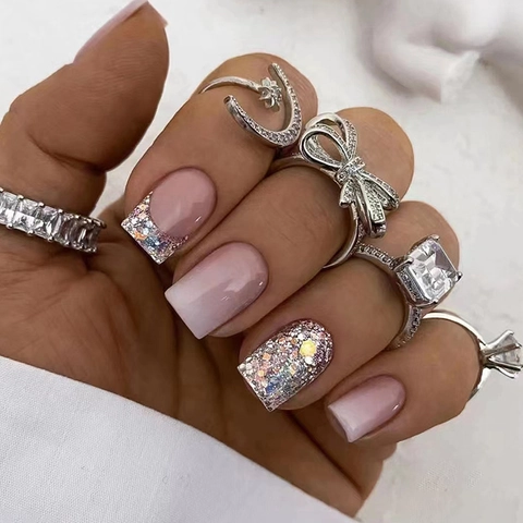 Press On Nails Short Square French Gradient Pink White Glitter Elegant Full Cover Artificial Nails For Women