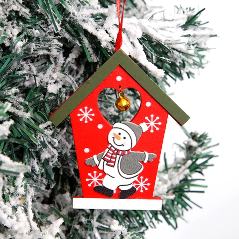 Décoration Suspendue en Forme de Maison de Noël en Bois Avec Cloche Dorée Motif Imprimé Père Noël Bonhomme de Neige Ornement de Fête