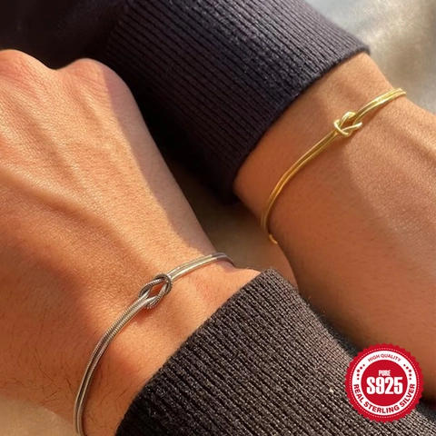 Bracciale con Nodo a Catena a Serpente in Argento Sterling 925 Minimalista per Donna Elegante Regolabile Galvanico Oro Argento
