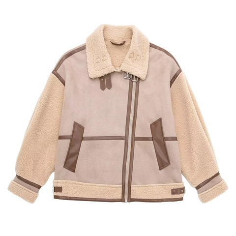 Women Aviator Jacket Suede Faux Shearling Lined Patchwork Motorbike Style Warm Autumn Winter Outerwear