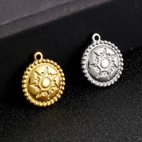 Ciondolo Sole Rotondo Acciaio Inossidabile Bordo Perlato Stella Goffrato Accessori Per Creazione Di Gioielli DIY Collana