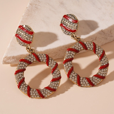 Alloy Rhinestone Round Hoop Earrings With 925 Sterling Silver Earring Post Vintage Red Enamel Christmas Jewelry Women