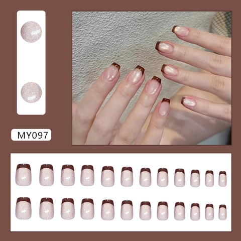 Französisch Cat Eye ABS Press On Nägel Braun Glitzer Kurz Quadratisch Elegant Künstliche Fingernägel Frauen