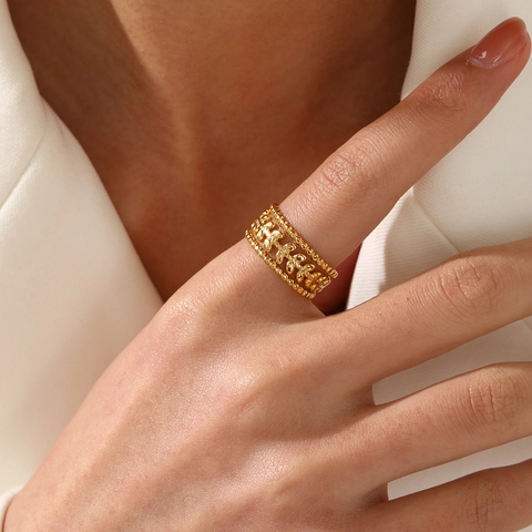 Edelstahl Ring 18K Vergoldet Olivenblatt Weizenähre Relief Offen Verstellbar Retro Böhmisch Schmuck Für Damen