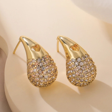 Water Drop Heart And Braided Hoop Earrings 18K Gold Plated Copper Cubic Zirconia With Copper Earring Post For Women