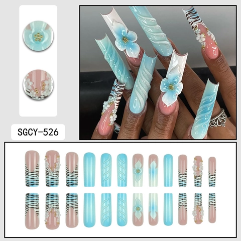 Extra Long Coffin Press On Nails 3D Floral Design Blue Pink Gradient Fake Nails With Zebra Print Artificial Pearl Rhinestone Elegant