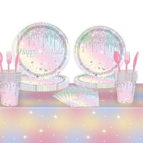 Mantel Desechable De Cielo Estrellado Con Degradado De Arcoíris Y Platos De Papel Vasos Servilletas Para Celebración De Niñas
