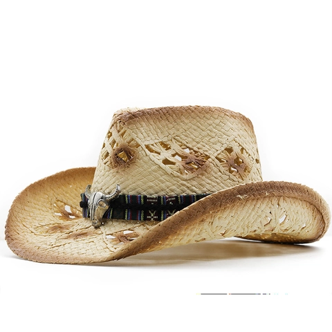 Cappello Da Cowboy In Paglia Tesa Larga Protezione Solare Traspirante Spiaggia Con Teschio Di Toro E Fascia Etnica