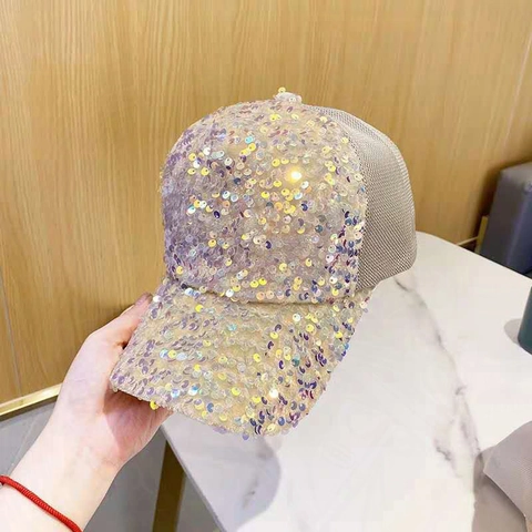 Fashion Women Sparkly Sequin Baseball Cap Breathable Mesh Sun Protection Adjustable Snapback Hat