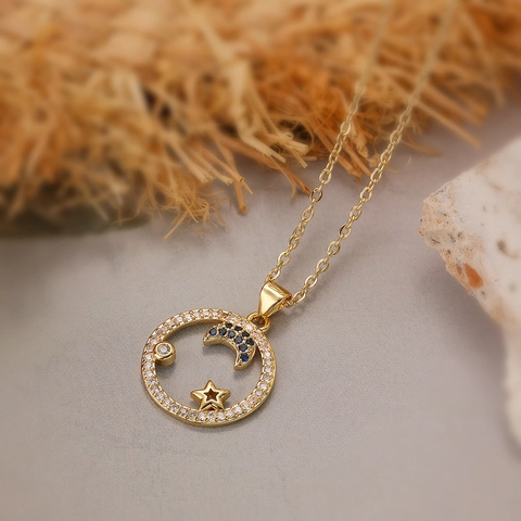 Evil Eye Ster Maan Hanger Ketting 18K Verguld Koper Cubic Zirconia Chique Geometrische Sieraden Voor Dames