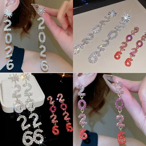 2026 Jahr Nummer Lange Hängeohrringe Legierung Strass Stern Schneeflocke 925 Sterling Silber Ohrstecker Für Frauen